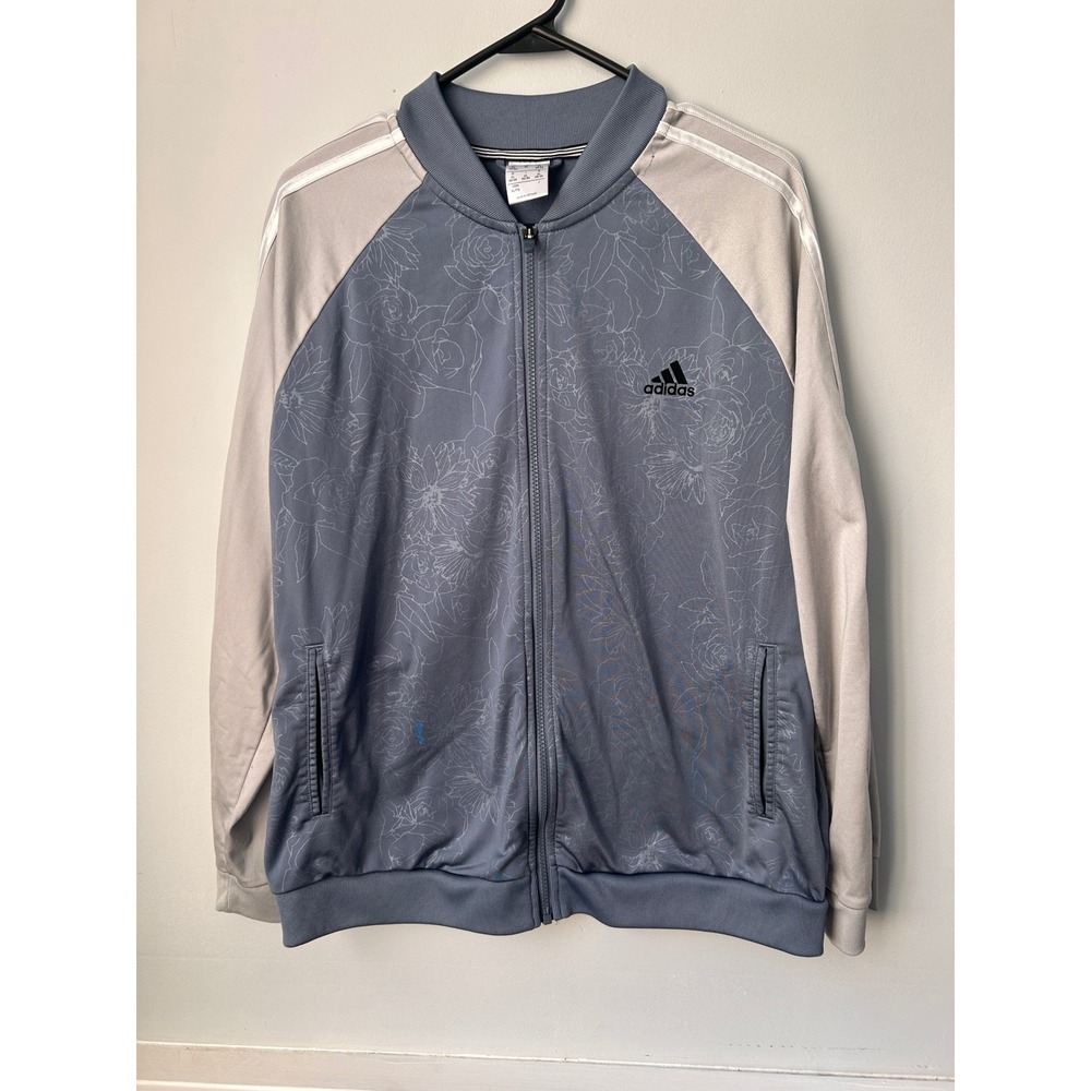 Adidas Floral Track Jacket Womens XL Blue Grey Full Zip Three Stripe Bomber